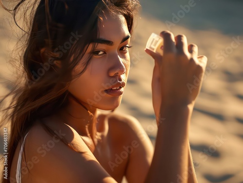 A young woman conscientiously applies sun cream or sunscreen , safeguarding her skin from the sun's rays. The shot is framed with blurry sand in the background, indicating a summer beach setting.