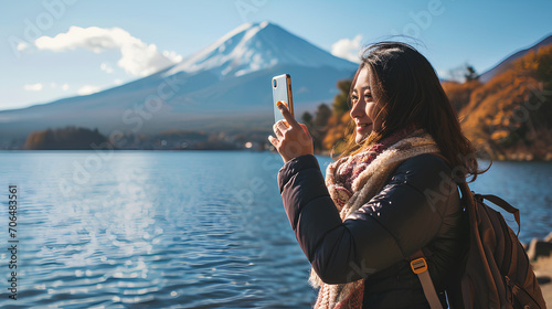 Female tourist using smartphone to take photos, world travel concept