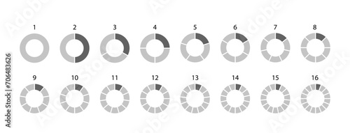 Circular structure grey colors graph. Piechart with segments and slices. Pie diagram divided into pieces. Round chart. Circle section template. Set schemes with sectors. Vector illustration