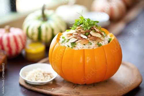 pumpkin and carrot stew in a hollowed-out pumpkin, crꣃ洀攀 昀爀愀쌀®che on top