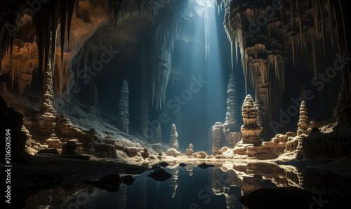 Majestic Limestone Cave Interior Illuminated by Natural Light, Featuring Stalactites and Stalagmites in an Ancient Subterranean Landscape
