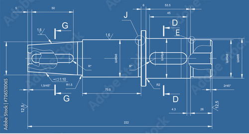 Vector engineering cad drawing of a mechanical part (steel shaft) with through holes, dimensions. Computer aided design of machine parts. Technical background.