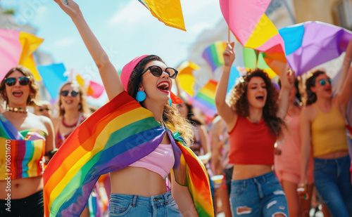 happy people with rainbow lgbt pride parade