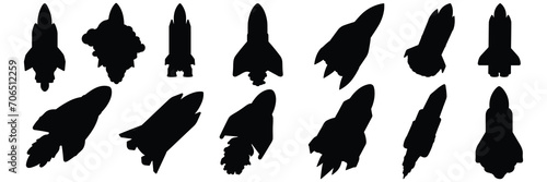 Rocket space silhouettes set, large pack of vector silhouette design, isolated white background