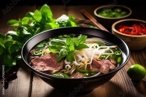 Bowl of Pho Noodle Soup With Meat and Vegetables, A steaming bowl of Vietnamese pho with fresh herbs, AI Generated