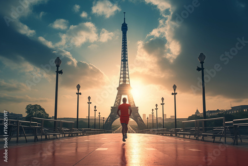 Athlete running at the Eiffel tower in Paris France, illustration for Olympic games in summer 2024 imagined by AI generative - not the actual event
