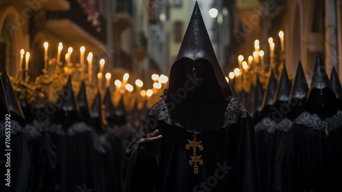 A poignant nighttime procession featuring penitents clad in black, carrying candles, creating an evocative and spiritual ambiance