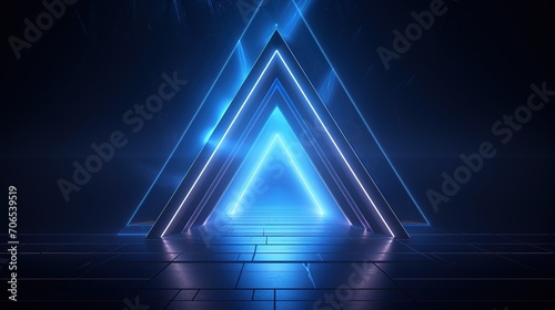 3d render, abstract minimalist blue geometric background. Triangular doorway portal glowing in the dark with bright neon light. Modern wallpaper. Generative Ai