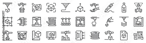 Set of 30 outline icons related to 3d printing. Linear icon collection. Editable stroke. Vector illustration