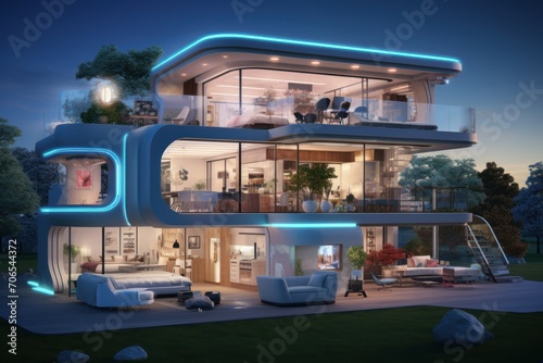 Photo of a futuristic smart home with automated lighting. Generative AI