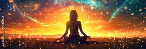 In the yoga room in spring, at sunset, the fields are set off by the stars, Side view, 