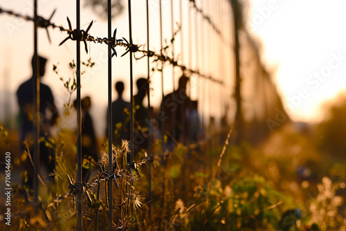  Queue of refugees along a high border fence with berbed wire. Imigration crisis. War and climate change. Generative AI