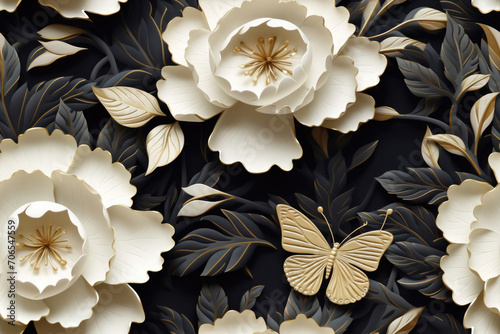 porcelain flowers peonies with butterflies with gilding, 3D texture