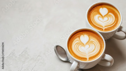  two cups of cappuccino sitting on top of each other with hearts drawn on the top of the cups.