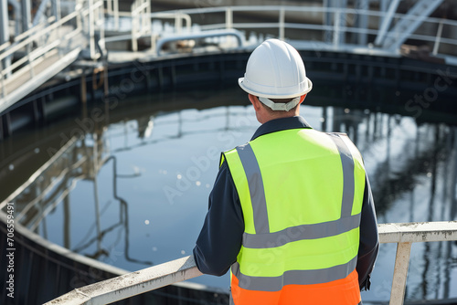Technician male in white helmet and reflective vest checking water quality at a wastewater treatment facility