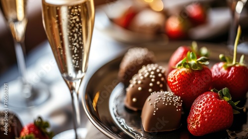 Close-up of a dessert tray with chocolate-covered strawberries and champagne