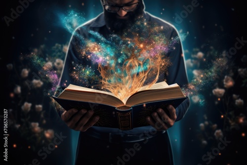 A man confidently holds a book, with a soft glow of light radiating from its pages, A teacher holding an open book with magical elements coming out, AI Generated