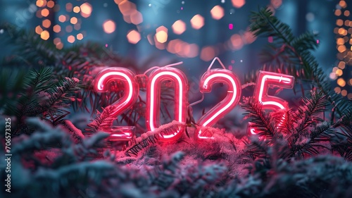 2025, happy new year concept, pink Neon LIght, Lights, Pink, Blue, Night Celebration Banner, Isolated Background, Generative Ai