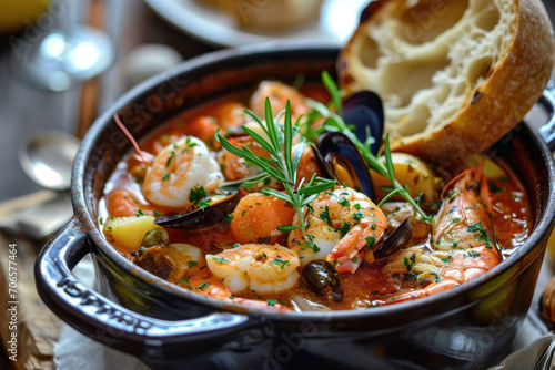A pot of bouillabaisse, a traditional Provencal fish stew with seafood, herbs and a rich broth