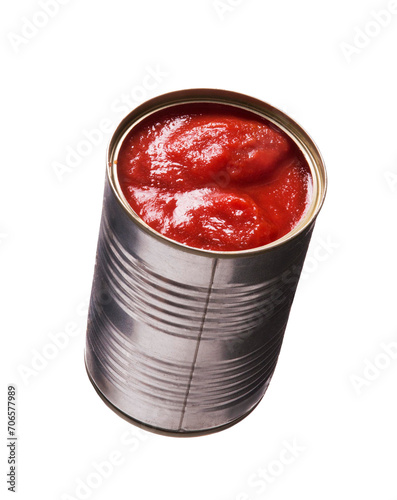 Peeled tomato sauce can isolated on transparent layered background.