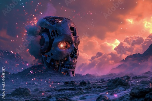 Giant robot head destroyed on the surface of an unknown planet, fantasy concept.