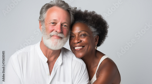 Un couple senior mixte, noir et blanc, heureux, riant et partageant un moment de bonheur intense, arrière-plan gris