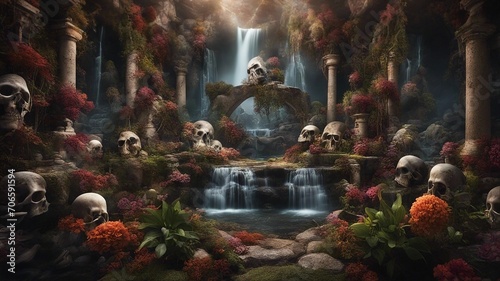 fountain in the park Horror mural of a haunted landscape, with wilted flowers, thorns, bones, skulls, 