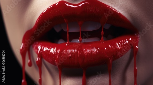 Woman lips with dripping blood. Fashion Glamour Halloween art design. Closeup of glamourous girl vampire mouth