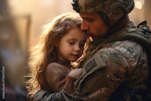A soldier in military uniform hugs his daughter on the street, space for text. Family reunification.