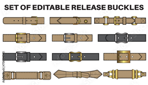 Belt flat sketch vector illustration set, different types belt with Frame buckle, snap buckle and ring buckles accessories for pants, waist band garments dress fasteners and Clothing belt