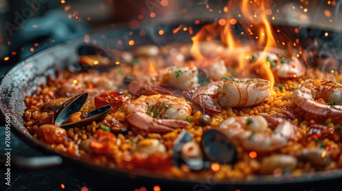 Food photography, paella, vibrant seafood and rice, captured with flames and sparks