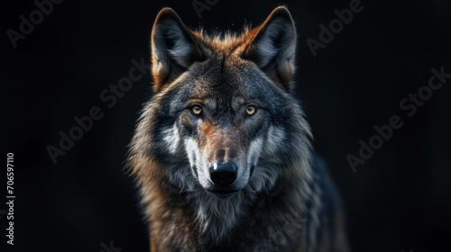 Portrait of adult wolf on black background
