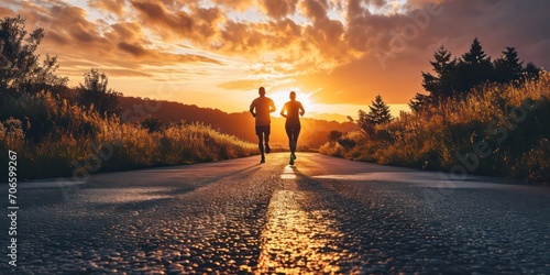 A couple warms up on the open road, preparing for their morning run as the sun rises, casting captivating light and shadows around them.