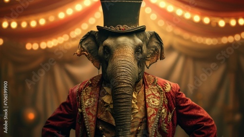 A captivating portrait of an elephant dressed as a circus ringleader, complete with a top hat