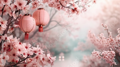A delicate border inspired by the Cherry Blossom Festival, featuring pink cherry blossoms, traditional Japanese lanterns