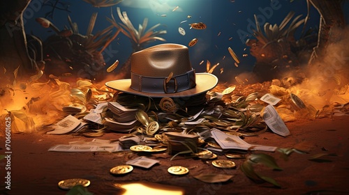 The hat is lying on a mountain of money and is on fire. Setting fire to a pile of money. The concept of the unimportance of the material