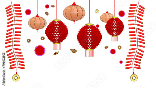 Bunch of lanterns and fireworks on a white background. The lanterns are of various shapes and sizes, and they are decorated with gold bar and fire crackers for chinese concept. 3d rendering. 