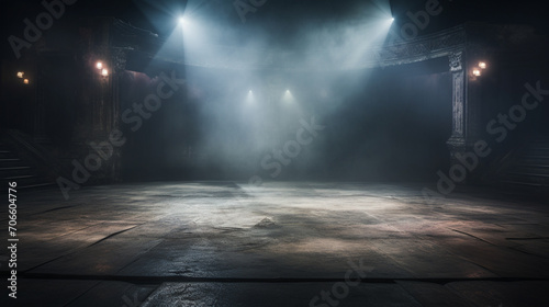 Abandoned Theater Stage with Concrete Floor An abandoned theater stage featuring a grunge concrete floor, shrouded in fog and stage lighting Suitable for theatrical marketing or dramatic