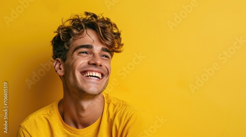A young man in an orange shirt laughs joyfully against a yellow background, capturing a moment of genuine happiness and carefree spirit.