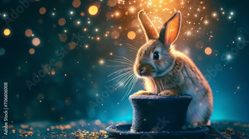 A whimsical portrait of a rabbit popping out of a magician's hat, set against a mystical, dark studio backdrop with twinkling lights