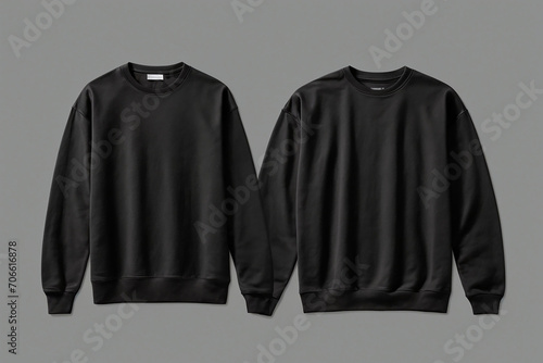 Set of black front and back view tee sweatshirt sweater long sleeve on transparent background cutout, Ideal for a mockup