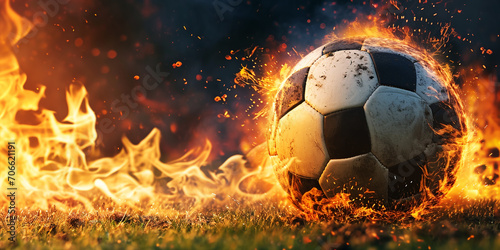 Soccer ball with fire in the background. Generative AI.