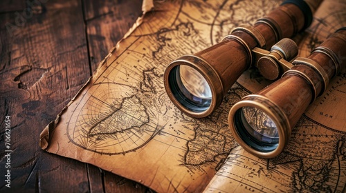 binoculars and magnifying glass on map 