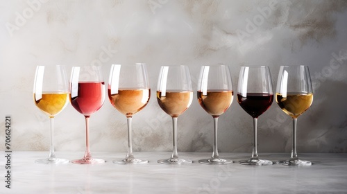enticing flat lay of red, rose, and white wine in glasses, with corkscrews on a chic gray concrete background.