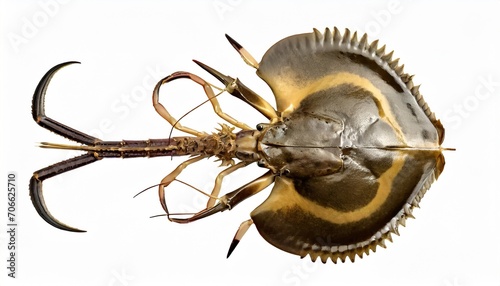 horseshoe crab on white background isolated close up top view marine arthropod with domed horseshoe shaped shell and long tail spine ancient sea animal lat xiphosura limulus polyphemus