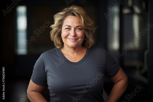 Radiant Middle-Aged Woman in T-Shirt Embracing Fitness