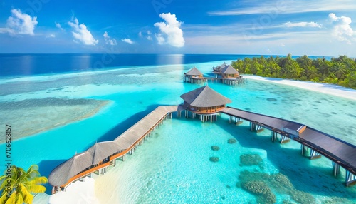 perfect aerial landscape luxury tropical resort or hotel with water villas and beautiful beach scenery amazing bird eyes view in maldives landscape seascape aerial view over a maldives
