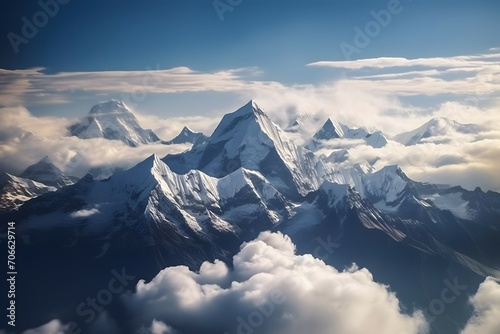 Stunning aerial view of Himalayan mountain range above clouds. Dhaulagiri and Machapuchare peaks visible. , .highly detailed, cinematic shot photo taken by sony incredibly detailed, sharpen deta