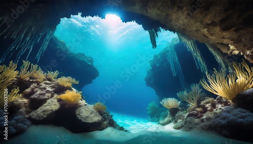 underwater cave in fantasy underwater world digital illustration generative ai