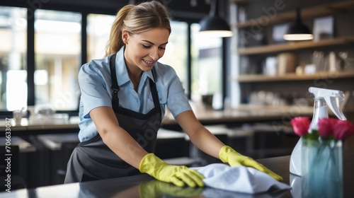 close-up of a happy woman in gloves, cleaning her table with care.